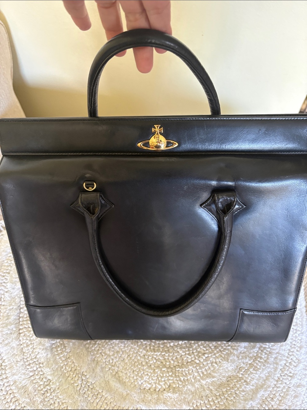 Vivienne Westwood Black Leather Top-Handle Briefcase with Gold Orb Detail